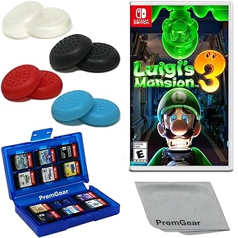 Luigi’s Mansion 3 for Nintendo Switch (US Version), with PremGear Thumb Grips (8 pack – Black, Blue, Red & Clear), 24 Slot Game Card Holder & Cleaning Cloth Luigi's Mansion 3 for Nintendo Switch (US Version), with PremGear Thumb Grips (8 pack - Black, Blue, Red & Clear), 24 Slot Game Card Holder & Cleaning Cloth
