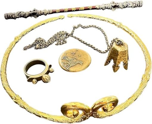 Black Myth: Wu Kong 5 pcs Limited Collector's Edition Set for Adult, Jingu Bang, Jin Gu, Wind Chime Necklace,Thunderstone Ring and Gold Sun Crow Pin… (5 Pcs Set)