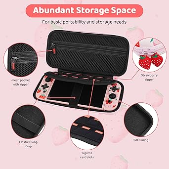 Pink Travel Case for Nintendo Switch with Strawberry Design and Accessories 2 Pink Travel Case for Nintendo Switch with Strawberry Design and Accessories - Image 2