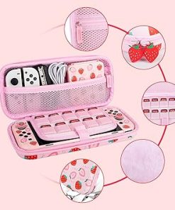 6 in 1 Carrying Case Kit for Nintendo Switch OLED, GLDRAM Cute Travel Case with Hard Shell Skin Protective Cover, Glass Screen Protector, Thumb Grip Caps, Shoulder Strap for Girls – Pink Strawberry 2 6 in 1 Carrying Case Kit for Nintendo Switch OLED, GLDRAM Cute Travel Case with Hard Shell Skin Protective Cover, Glass Screen Protector, Thumb Grip Caps, Shoulder Strap for Girls – Pink Strawberry 2