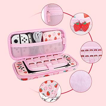 6 in 1 Carrying Case Kit for Nintendo Switch OLED, GLDRAM Cute Travel Case with Hard Shell Skin Protective Cover, Glass Screen Protector, Thumb Grip Caps, Shoulder Strap for Girls – Pink Strawberry 2 6 in 1 Carrying Case Kit for Nintendo Switch OLED, GLDRAM Cute Travel Case with Hard Shell Skin Protective Cover, Glass Screen Protector, Thumb Grip Caps, Shoulder Strap for Girls - Pink Strawberry - Image 2