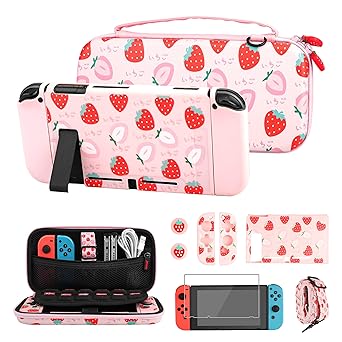 Pink Travel Case for Nintendo Switch with Strawberry Design and Accessories Pink Travel Case for Nintendo Switch with Strawberry Design and Accessories