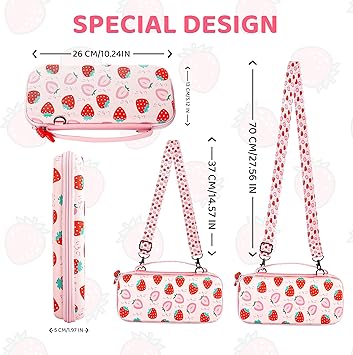 FANPL Pink Carry Case Bundle for Nintendo Switch, Cute Case Accessories Set for Switch with Hard Travel Case, Soft TPU cover, Adjustable Strap, Screen Protector, Thumb Grip Caps (Cute Pink Strawberry) 2 FANPL Pink Carry Case Bundle for Nintendo Switch, Cute Case Accessories Set for Switch with Hard Travel Case, Soft TPU cover, Adjustable Strap, Screen Protector, Thumb Grip Caps (Cute Pink Strawberry) - Image 2