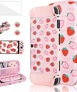 6 in 1 Carrying Case Kit for Nintendo Switch OLED, GLDRAM Cute Travel Case with Hard Shell Skin Protective Cover, Glass Screen Protector, Thumb Grip Caps, Shoulder Strap for Girls – Pink Strawberry 6 in 1 Carrying Case Kit for Nintendo Switch OLED, GLDRAM Cute Travel Case with Hard Shell Skin Protective Cover, Glass Screen Protector, Thumb Grip Caps, Shoulder Strap for Girls – Pink Strawberry