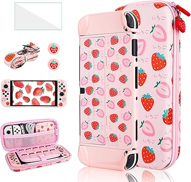 6 in 1 Carrying Case Kit for Nintendo Switch OLED, GLDRAM Cute Travel Case with Hard Shell Skin Protective Cover, Glass Screen Protector, Thumb Grip Caps, Shoulder Strap for Girls – Pink Strawberry 6 in 1 Carrying Case Kit for Nintendo Switch OLED, GLDRAM Cute Travel Case with Hard Shell Skin Protective Cover, Glass Screen Protector, Thumb Grip Caps, Shoulder Strap for Girls - Pink Strawberry