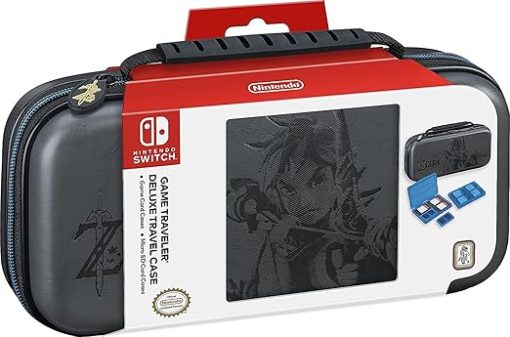 Officially Licensed Nintendo Switch Deluxe Zelda Link Travel Case, Premium Hard Case Made with KoSkin Leather Embossed with Zelda Breath of the Wild Art, Designed to Protect Switch's Analog Sticks, Bonus Multi–Game Cases