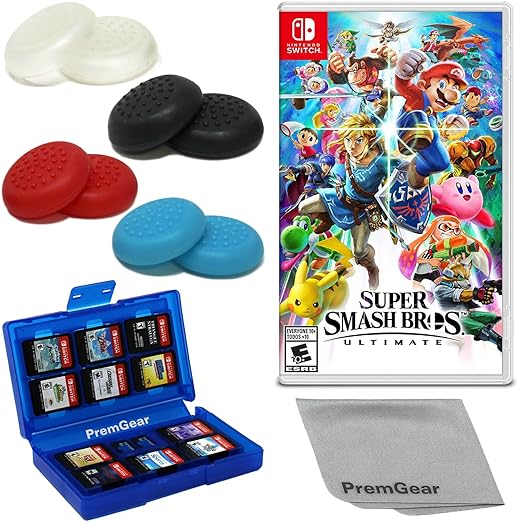 Super Smash Bros Ultimate Nintendo Switch with Thumb Grips and 24 Slot Holder Super Smash Bros Ultimate Nintendo Switch with Thumb Grips and 24 Slot Holder