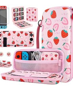 Pink Strawberry Carrying Case Bundle for Nintendo Switch Accessories