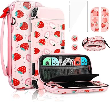 FANPL Pink Carry Case Bundle for Nintendo Switch, Cute Case Accessories Set for Switch with Hard Travel Case, Soft TPU cover, Adjustable Strap, Screen Protector, Thumb Grip Caps (Cute Pink Strawberry) FANPL Pink Carry Case Bundle for Nintendo Switch, Cute Case Accessories Set for Switch with Hard Travel Case, Soft TPU cover, Adjustable Strap, Screen Protector, Thumb Grip Caps (Cute Pink Strawberry)
